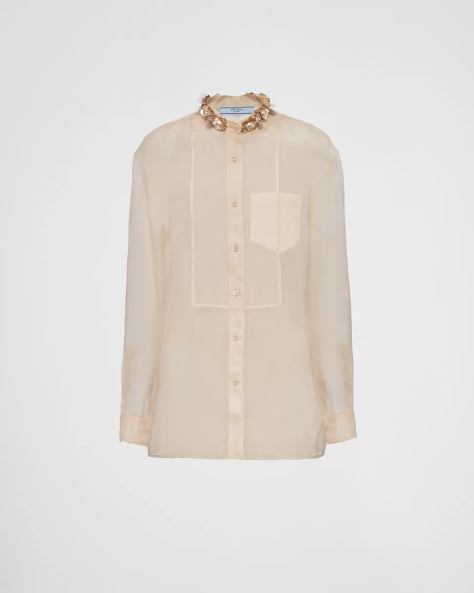 Prada Camisa De Organza Bordada^Mujer CAMISAS Y TOPS