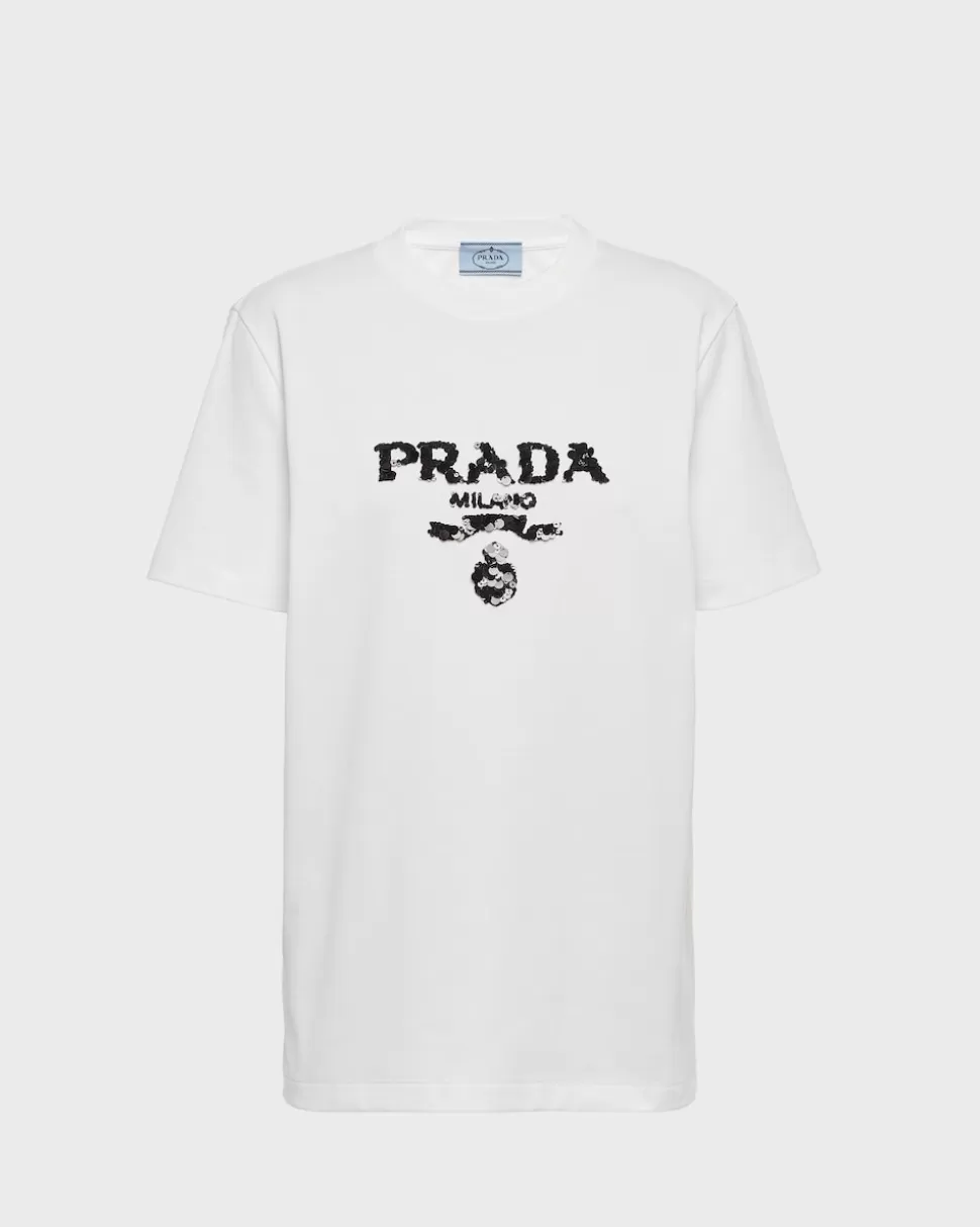 Prada Camiseta Bordada De Interlock^Mujer CAMISETAS Y SUDADERAS