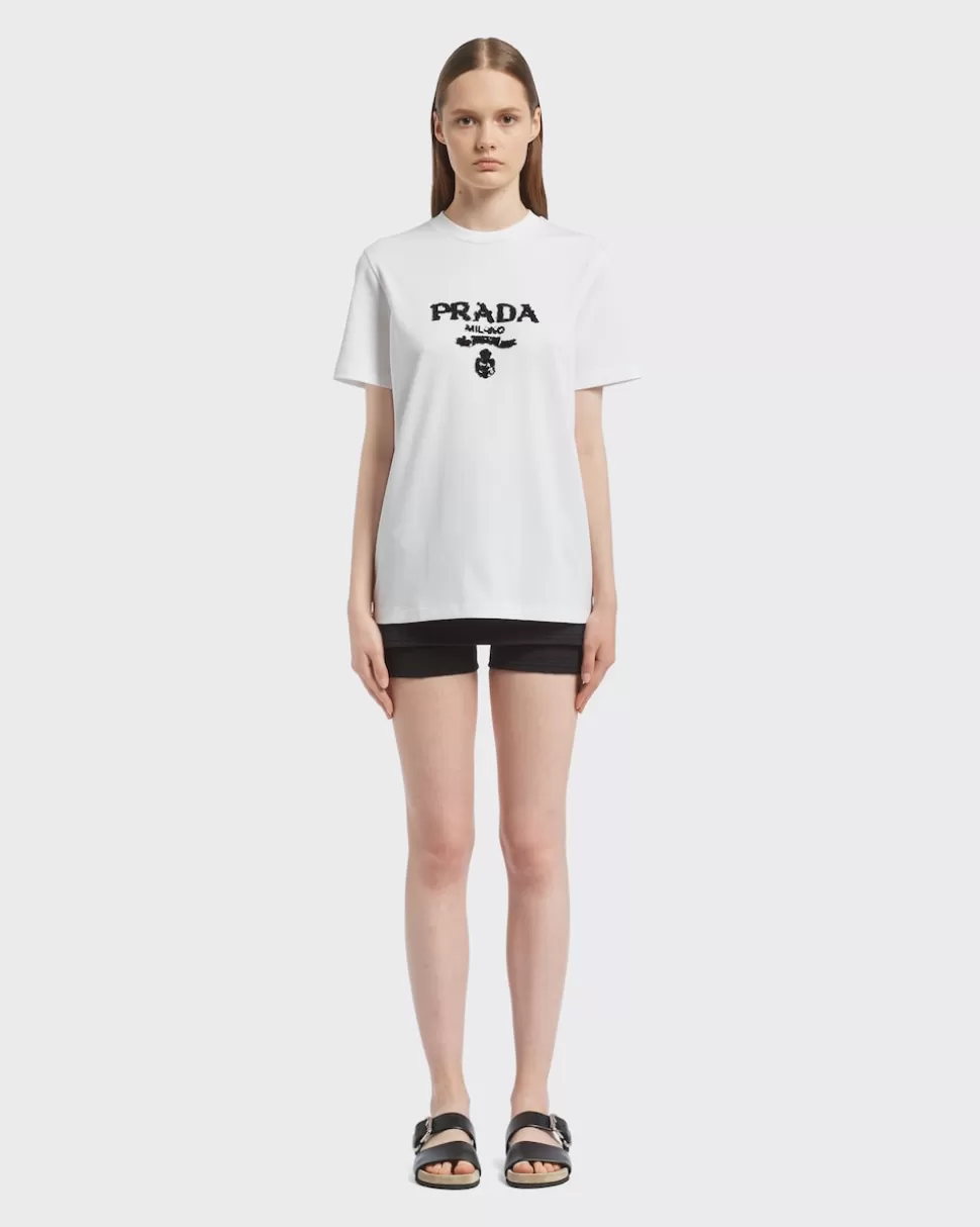 Prada Camiseta Bordada De Interlock^Mujer CAMISETAS Y SUDADERAS