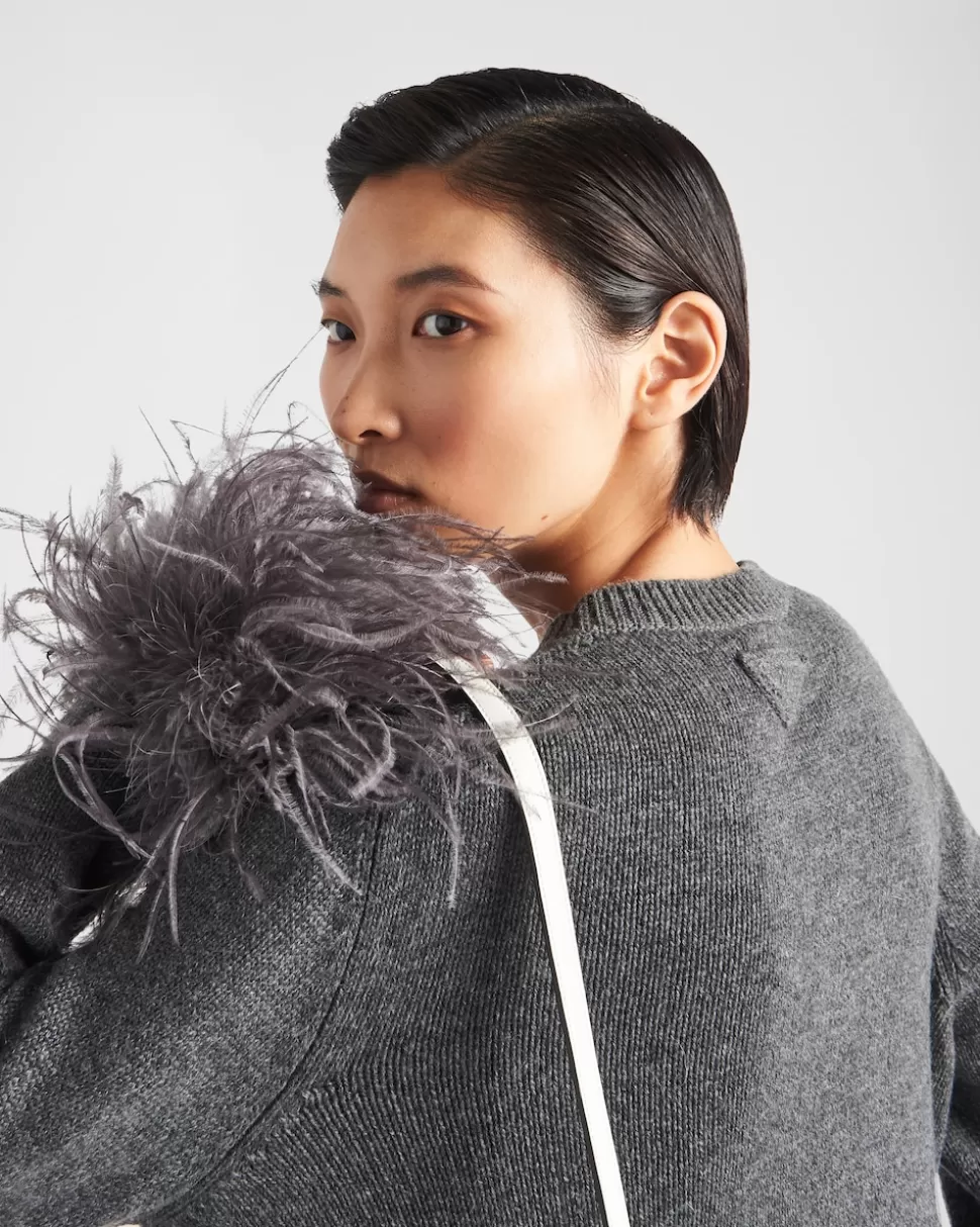 Prada Jersey De Cuello Redondo De Cachemir Con Ribete De Plumas^Mujer TEJIDOS DE PUNTO