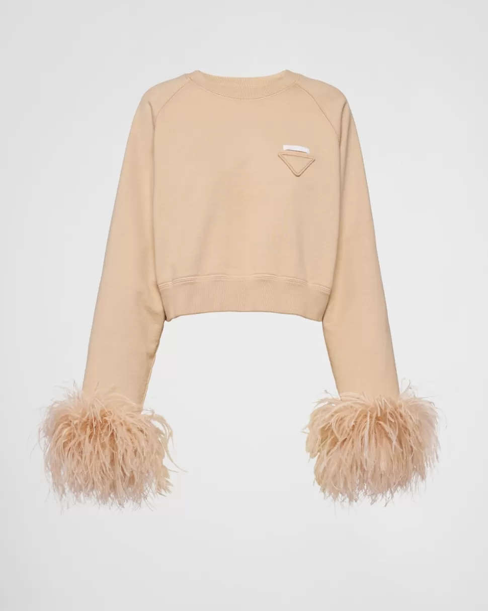 Prada Sudadera De Cuello Redondo Con Ribete De Plumas^Mujer CAMISETAS Y SUDADERAS