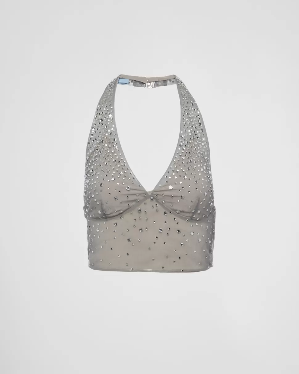 Prada Top De Tul Con Tachuelas De Cristal  ^Mujer CAMISAS Y TOPS